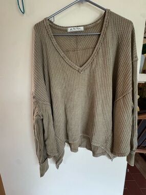 We The Free Olive-Taupe Waffle Knit V-Neck Pullover